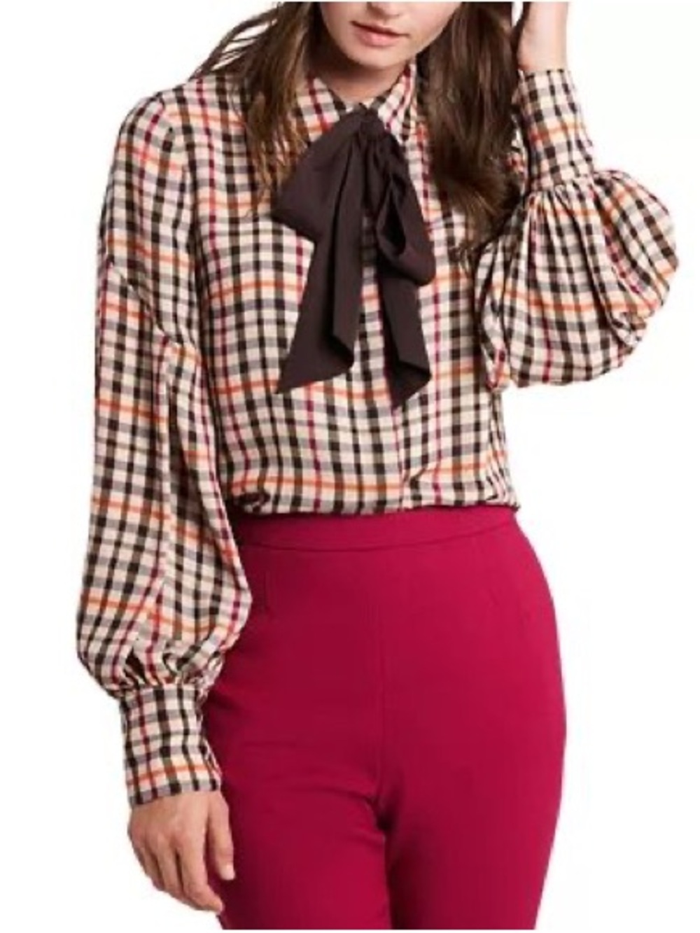 Riley & Rae Plaid Balloon Puff-Sleeve Blouse with Brown Bow